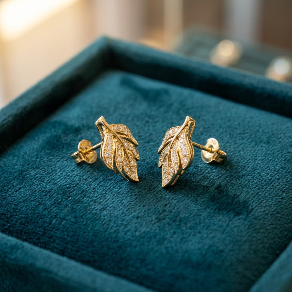 Leaf-shaped gold & diamond studs